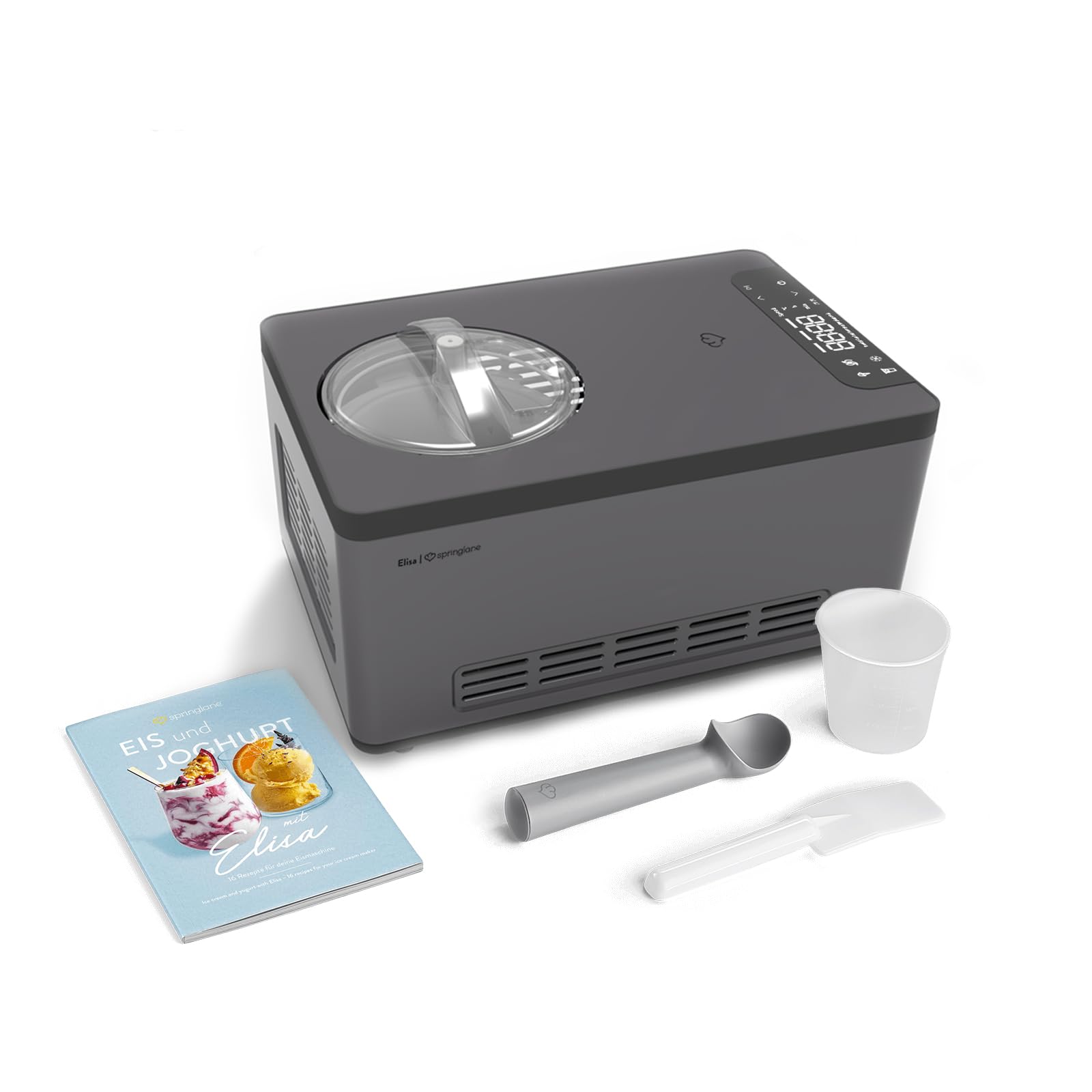 Springlane Kitchen Máquina de helados y yogur Elisa 2,0 L con compresor autoenfriante de 220 W, de acero inoxidable con función de refrigeración y calefacción (Elisa Antracita, máquina de hielo)
