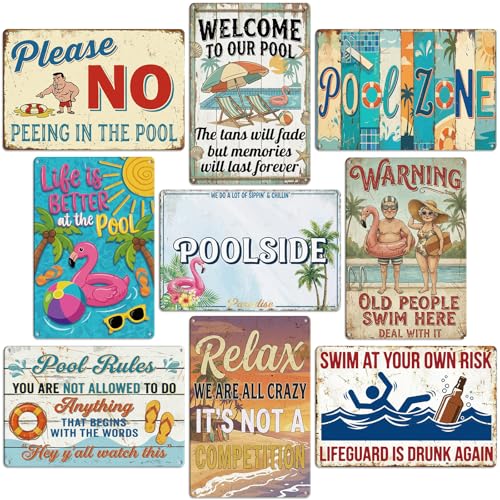 Hicarer 9 Pack Pool Signs Decor for Outside Funny Pool Rules Wall Decor 12 x 8 in Poolside Metal Tin Welcome to Our Pools Sign for Outdoor Backyard Patio Bar Beach 4 Holes for Hanging