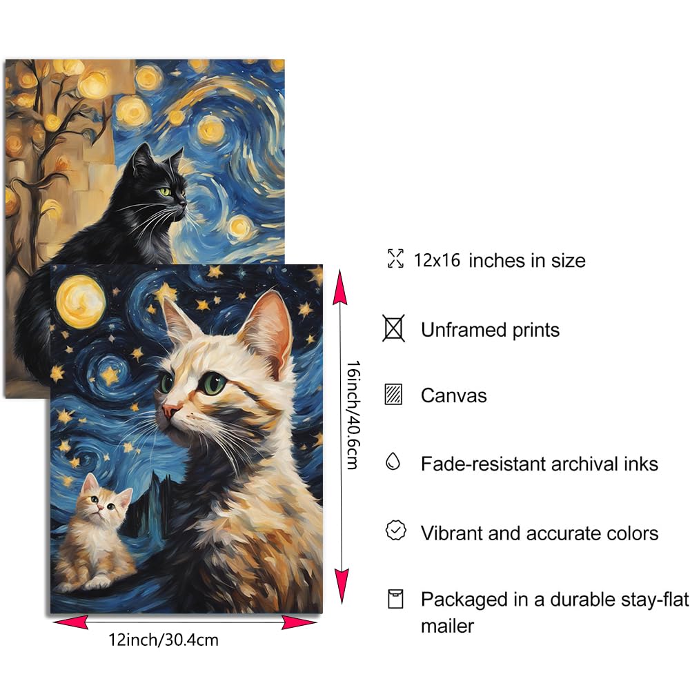 Funny Black Cat Canvas Art - Sitting On Chair In Van Gogh Style, 8x10 Inches Framed, Perfect For Living Room, Bedroom, Bathroom