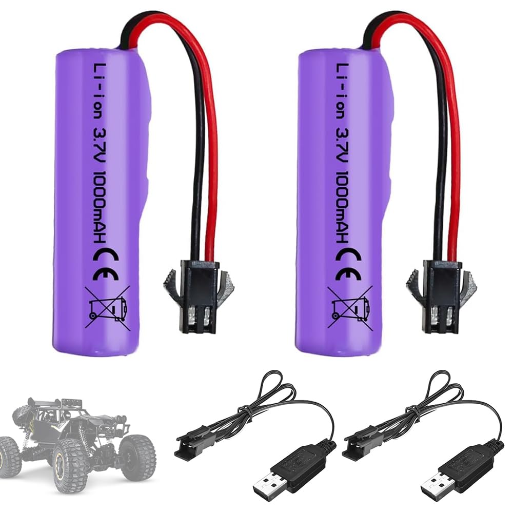 2 Piezas de 1000mAh 3.7V RC Batería, Baterías de Litio Recargables con Cable de Carga UBS Conector SM-2P, Batería Li-Ion Universal Compatible para Vehículos RC, Barcos, Tanques, Coches, Robots