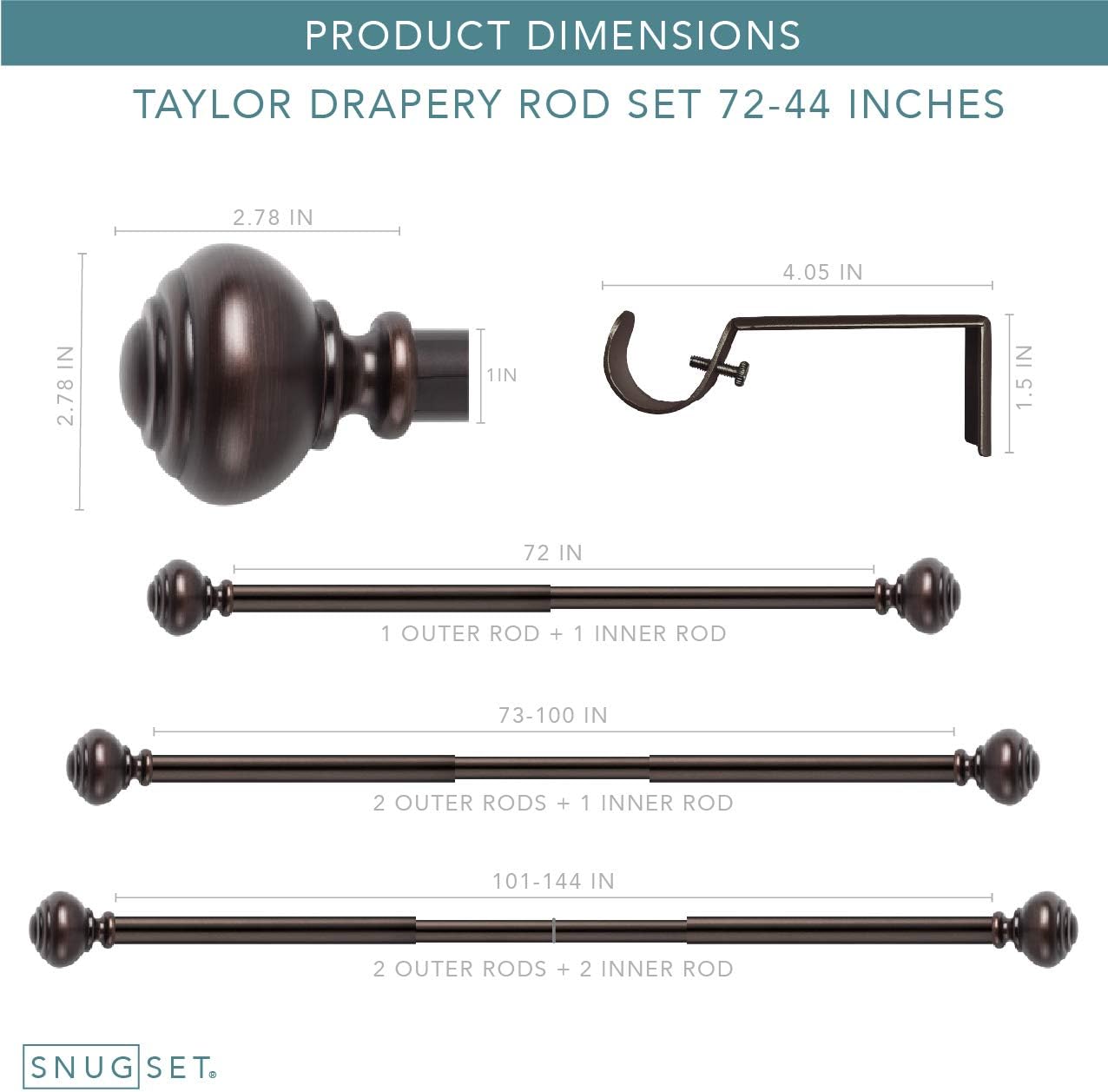 SnugSet | 72-144" Adjustable | Quick Easy Installation | No Tools Option | 1" Dia. Durable Steel Rod | Supports Heavy Fabrics | Knob Finial | Bronze