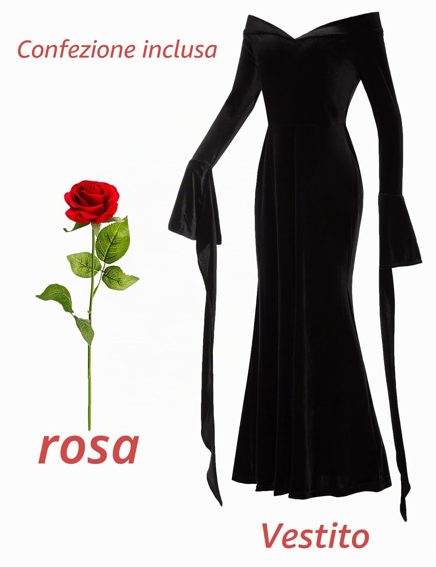 Morticia Addams Costume da donna per adulti, elegante, stile gotico, vintage, per Addams, famiglia, costume da strega, cosplay con rosa, accessorio per carnevale, tema, feste, abbigliamento