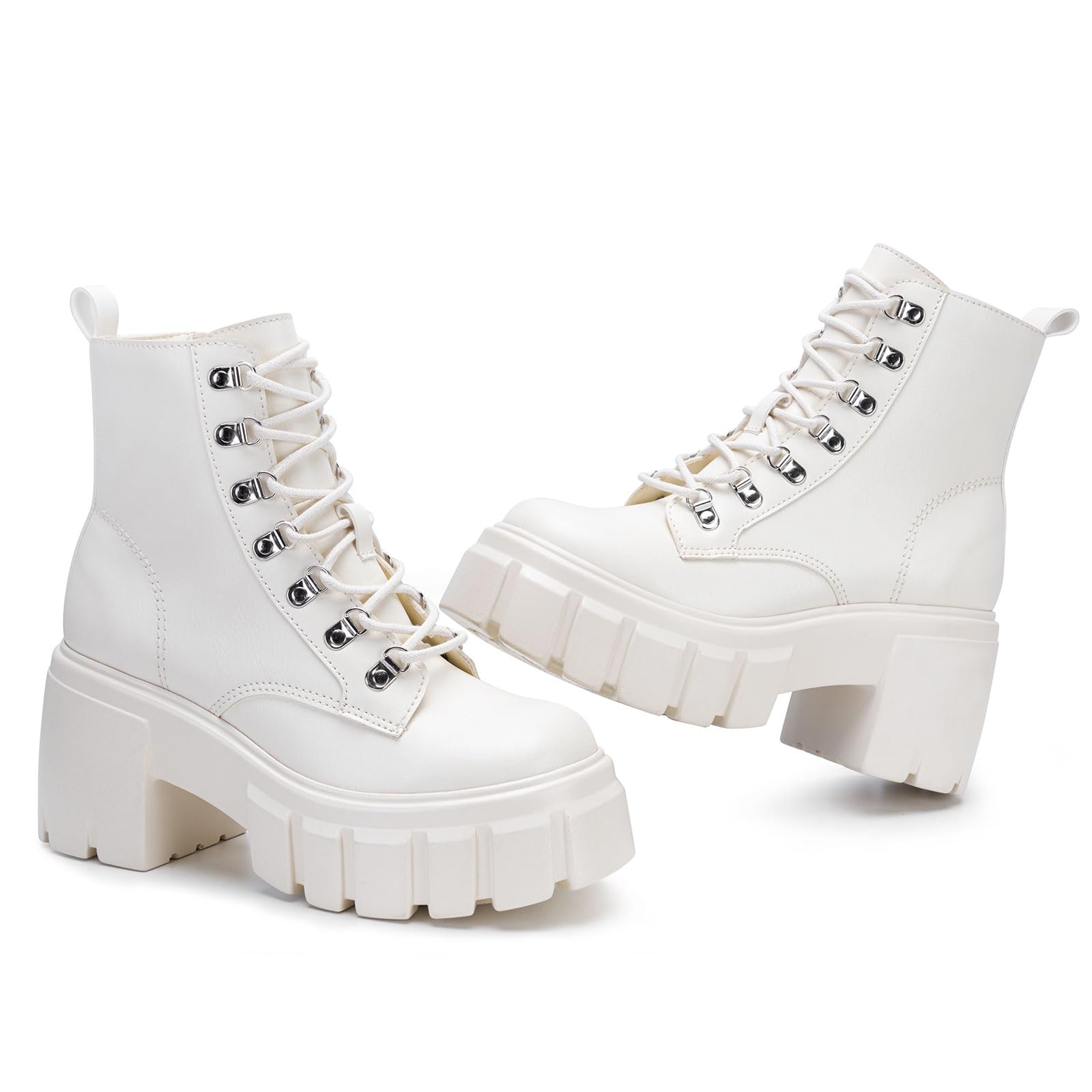 FITORY Women’s Combat Boots Lightweight Lace up Side Zipper Ankle Botas  High Heel Chunky Platform Lug Sole Booties Size 6-11