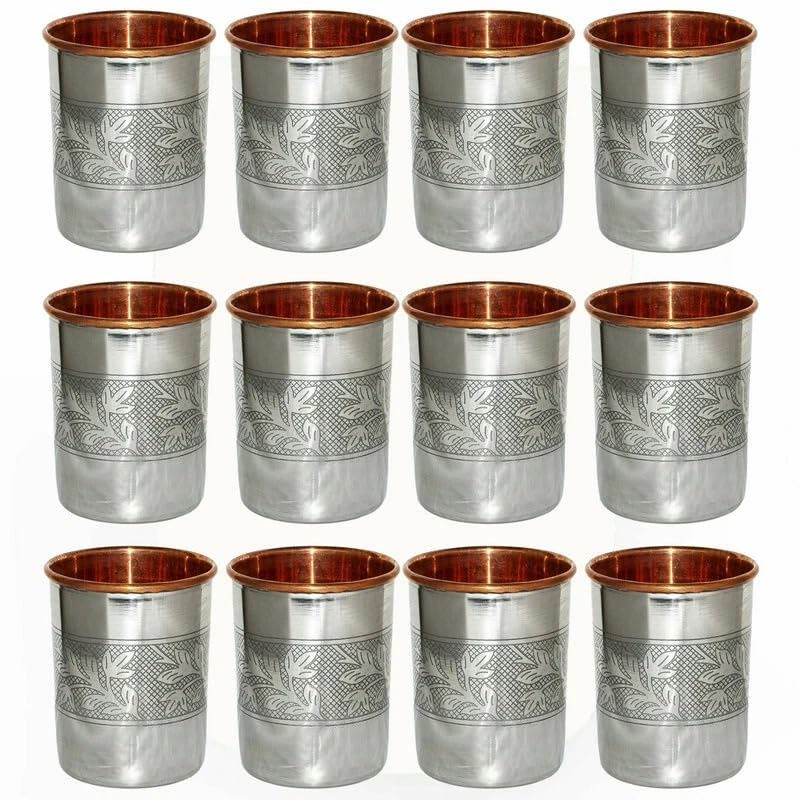 Steel Copper Glass Tumbler Embossed Luxury Design Ayurvedic Health Benefits Drinkware 250 ml Pack Of 12