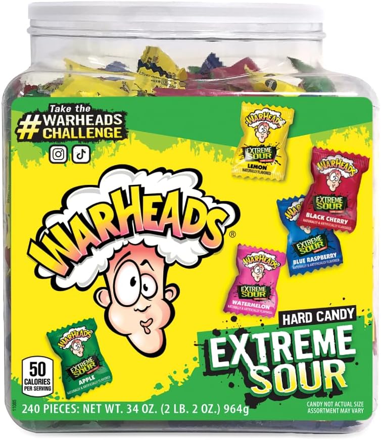 Extreme Sour Hard Candy - Sour Apple, Black Cherry, Blue Raspberry, Lemon & Watermelon Flavors, Great For Parades - 34 oz. Tub