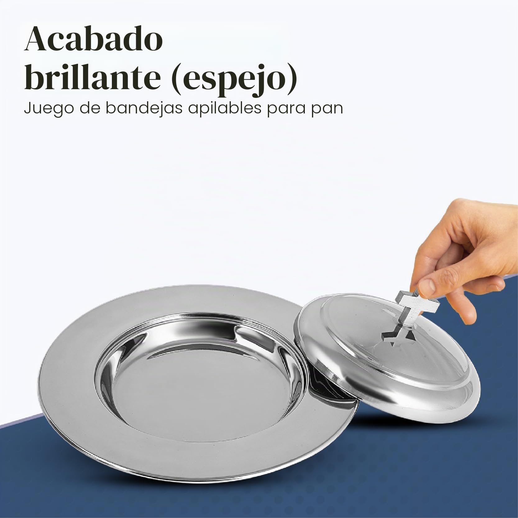 Communion Ware - Juego de 3 bandejas para servir con tapa y 2 platos apilables para pan con tapa, acero inoxidable, espejo/plata