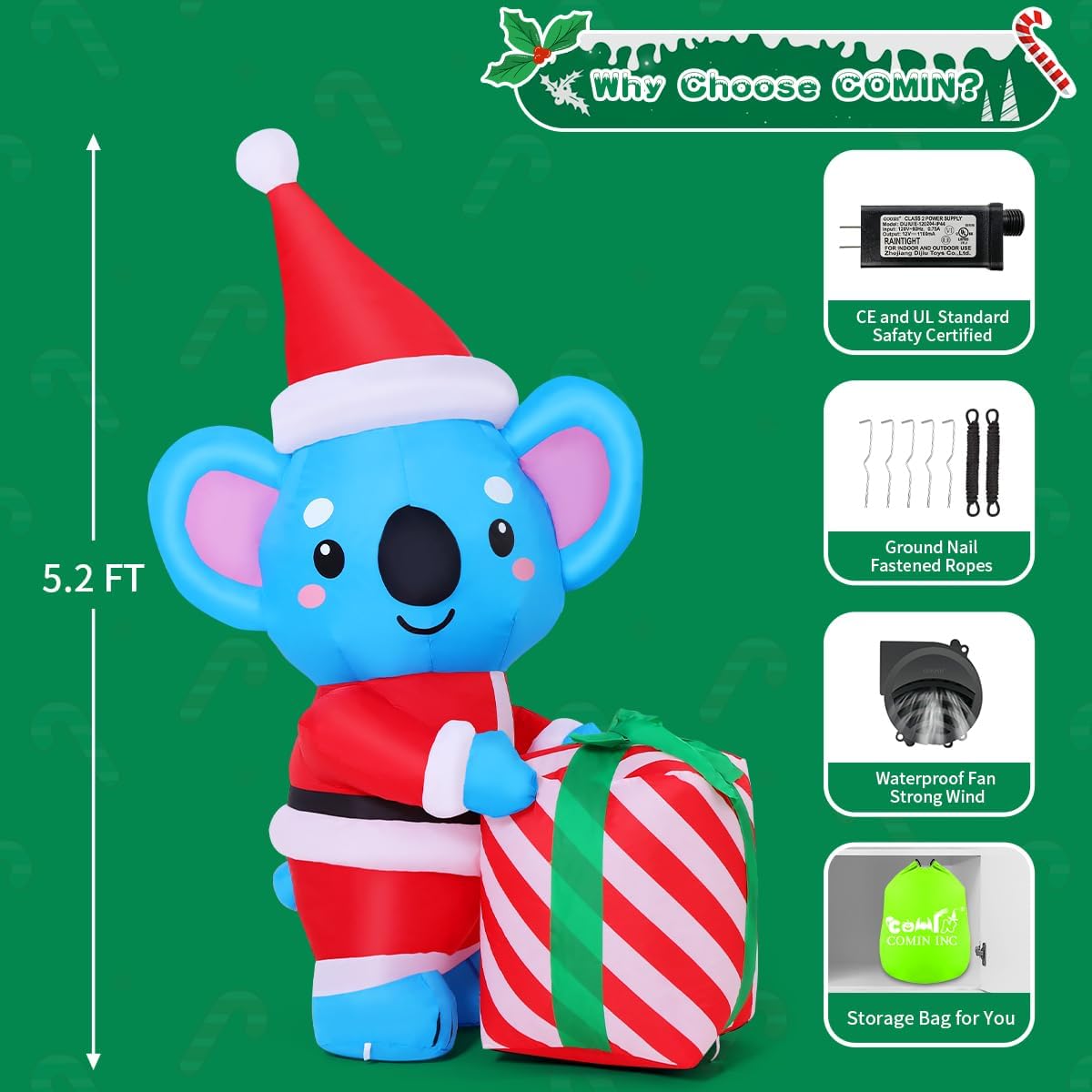 COMIN 5.2 FT Christmas Inflatables Outdoor Decorations Inflatable Koala Hold Gift Box Blowups with Built-in LEDs for Yard Party Lawn Decor