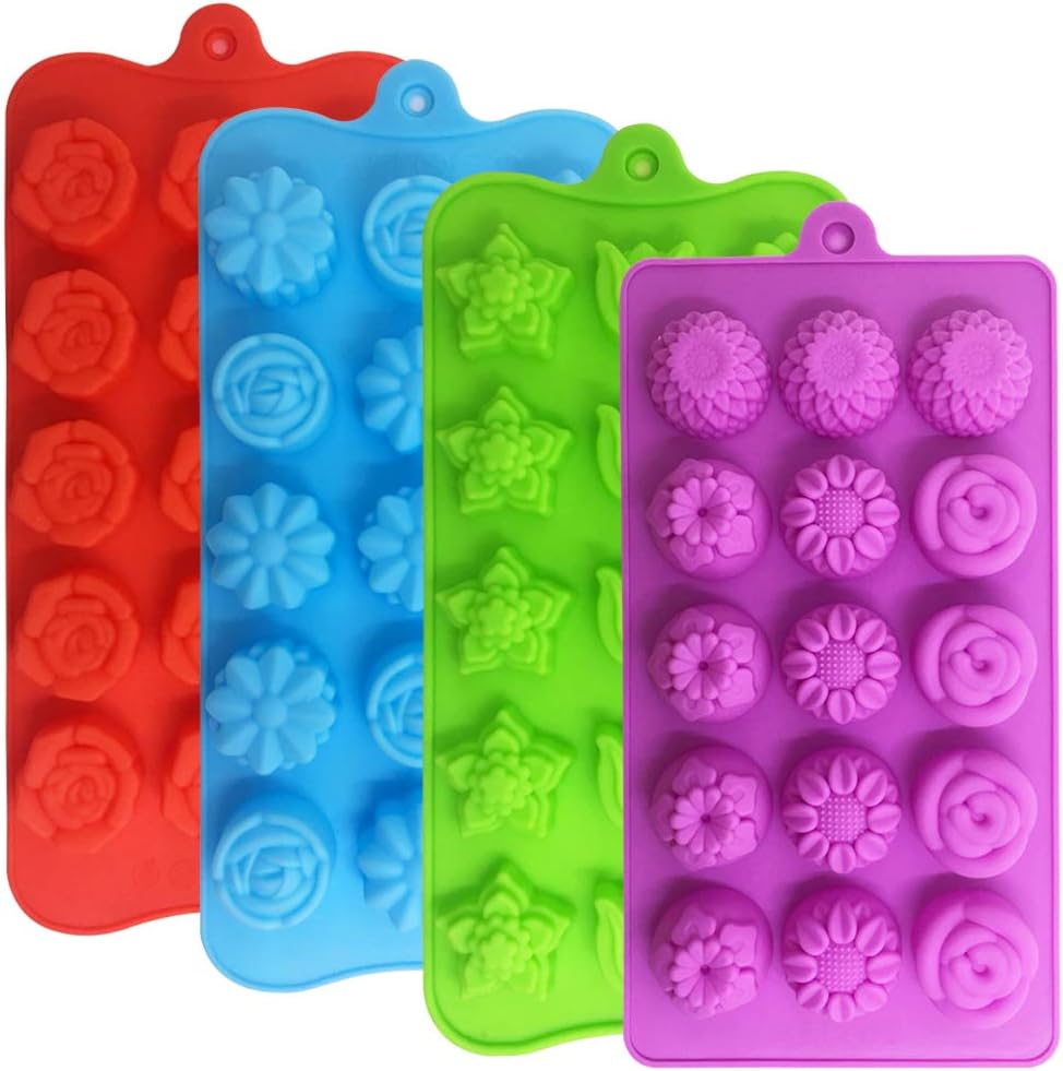 4 Pack Small Flower Shape Silicone Moulds,YuCool Silicone Moulds for Wax Melts, Non-Stick Food Grade Silicone Mould for Chocolate Soap Ice Cube Tray Jelly Melts Gummy DIY