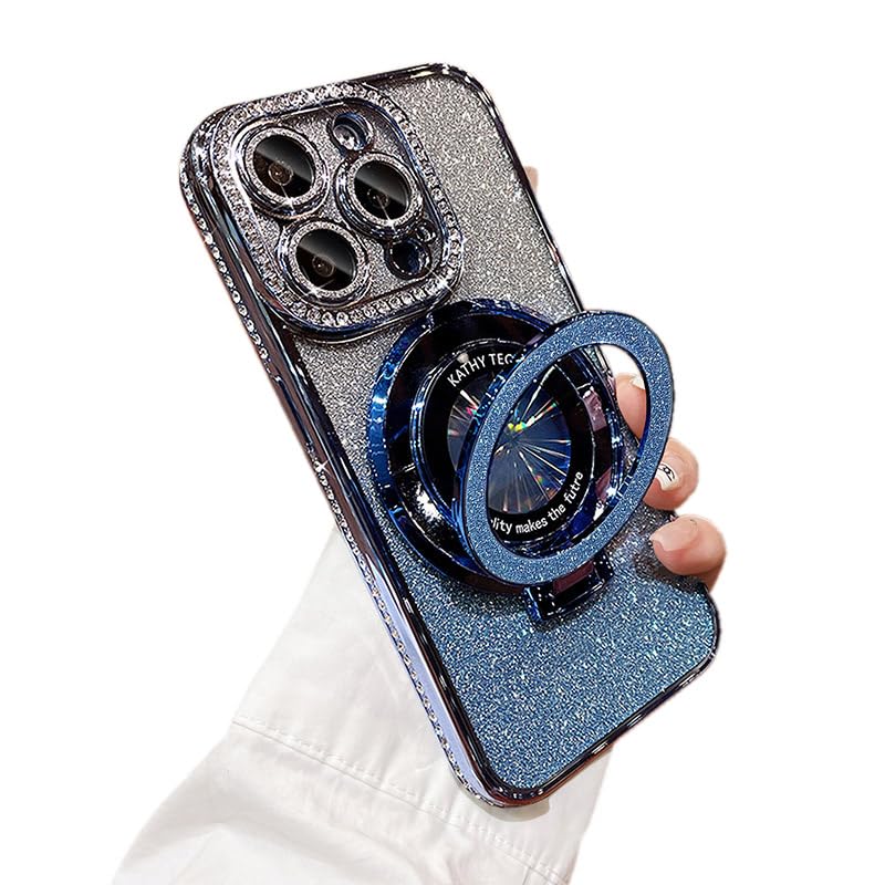QQicea Bling Glitter Phone Case Compatible with iPhone 14 Pro, Kickstand Camera Lens Protector Soft Cover Sparkling Rhinestone Case (Blue)