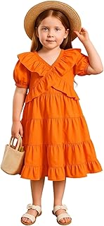 فستان صيفي مكشكش بطبقات للبنات، قطن برتقالي، أكمام منفوخة، رقبة على شكل حرف V، مقاس 120 سم
