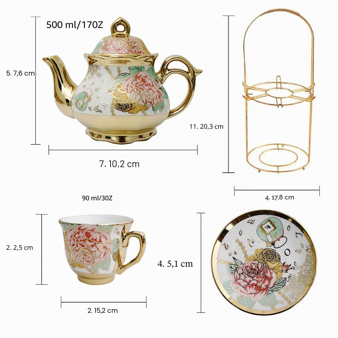 Servizio da tè in ceramica rosa rossa placcato oro, set da tè vintage con teiera, bel servizio da tè che serve 6 persone (Golden, Medium)