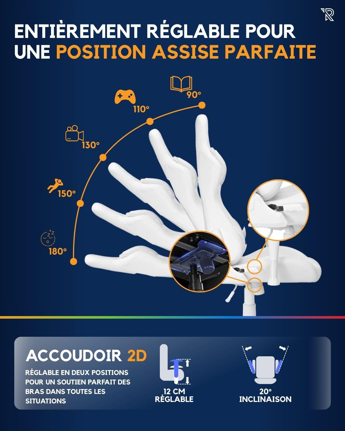 Halo Chaise Gaming RGB avec Éclairage LED, Dossier Inclinable 180°, Accoudoirs 2D, Coussins Amovibles, Base Nylon Robuste Et Confort Ergonomique pour Longues Sessions, Blanc