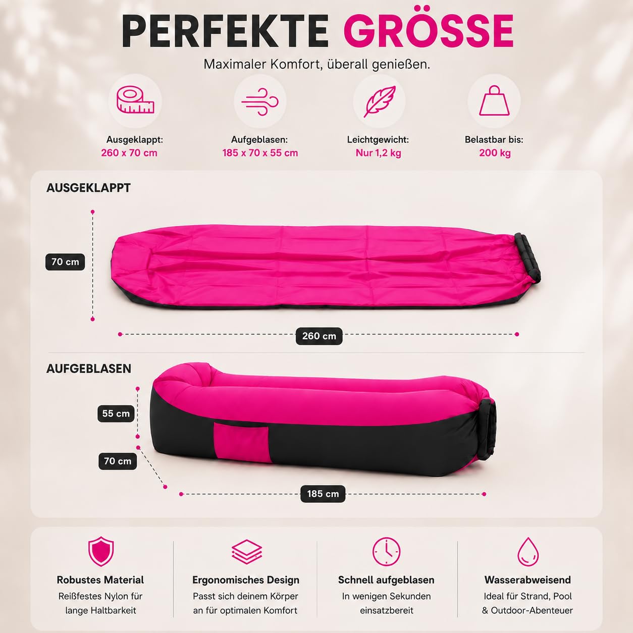EastCity Luftsofa Aufblasbar mit Kopfstütze und Seitentasche, 230 x 70 cm Aufblasbares Sofa für Camping, Strand und Festival, Air Lounger mit Tragebeutel, Tragbare Aufblasbare Liege, Rosa