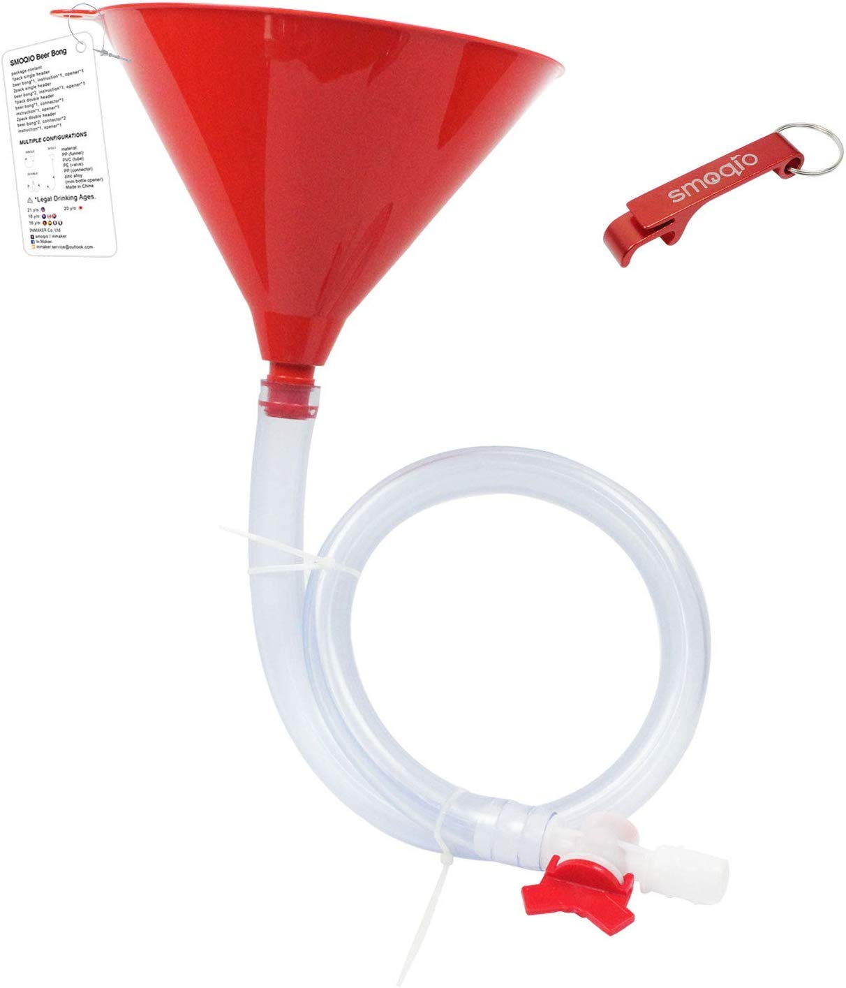 SMOQIO Beer Bong Funnel Single Header Red with Valve, Bonus Bottle Opener, Drinking Funnel with Premium Material, 1 Pack - Single Header Red