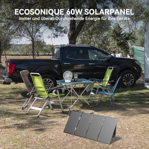 Ecosonique 60W Tragbares Faltbares Solarpanel mit ETFE 23% Wirkungsgrad, USB-C PD3.0 & USB-A QC3.0 Schnellladung, 18V DC Ausgang, Mobiles Solarmodul für Powerstation, Camping, Wohnmobil & Notfälle