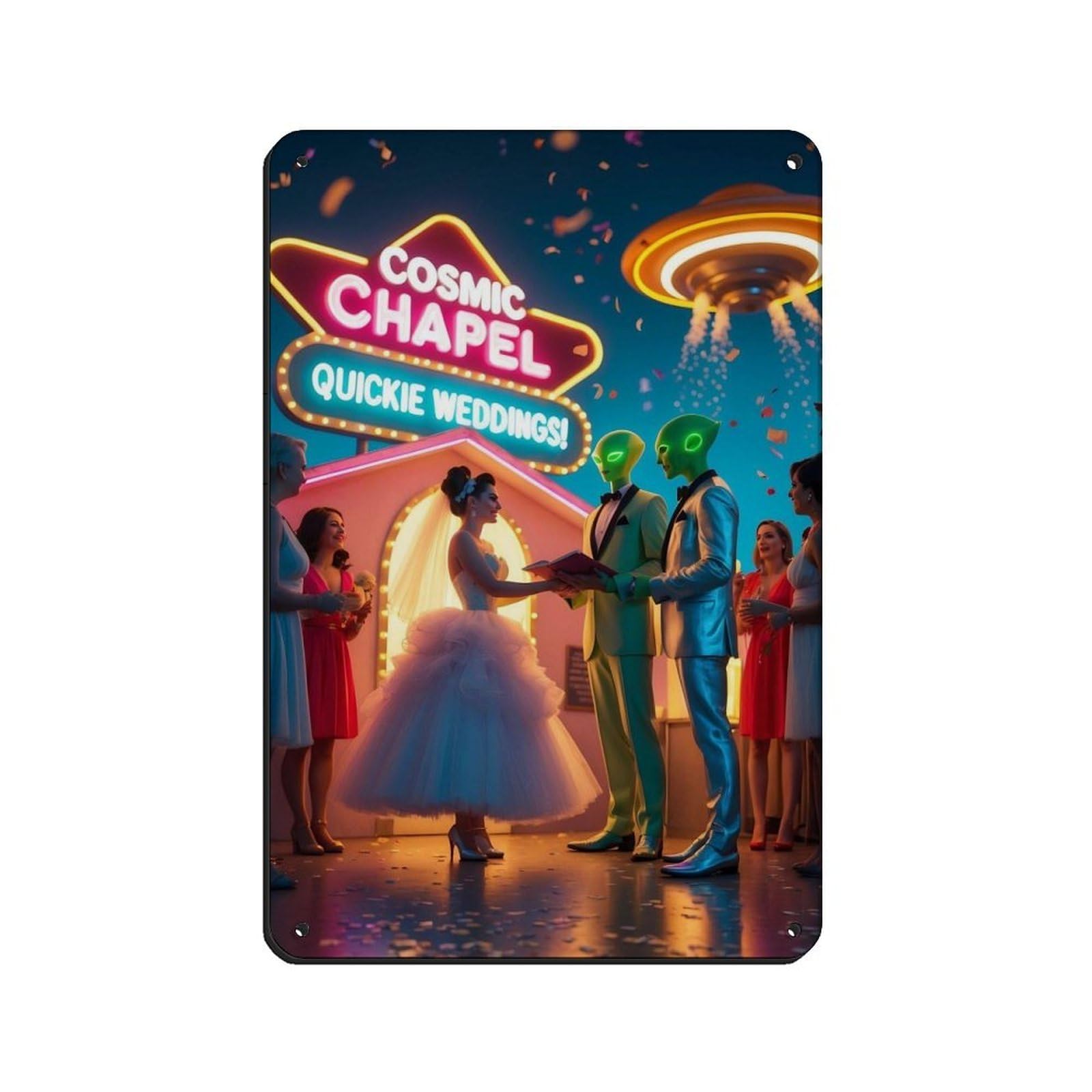 Retro Futuristic Alien Wedding Scene Tin Sign Vintage Metal Pub Club Cafe Bar Home Wall Art Decoration Poster Retro 8x12inch(20x30cm)
