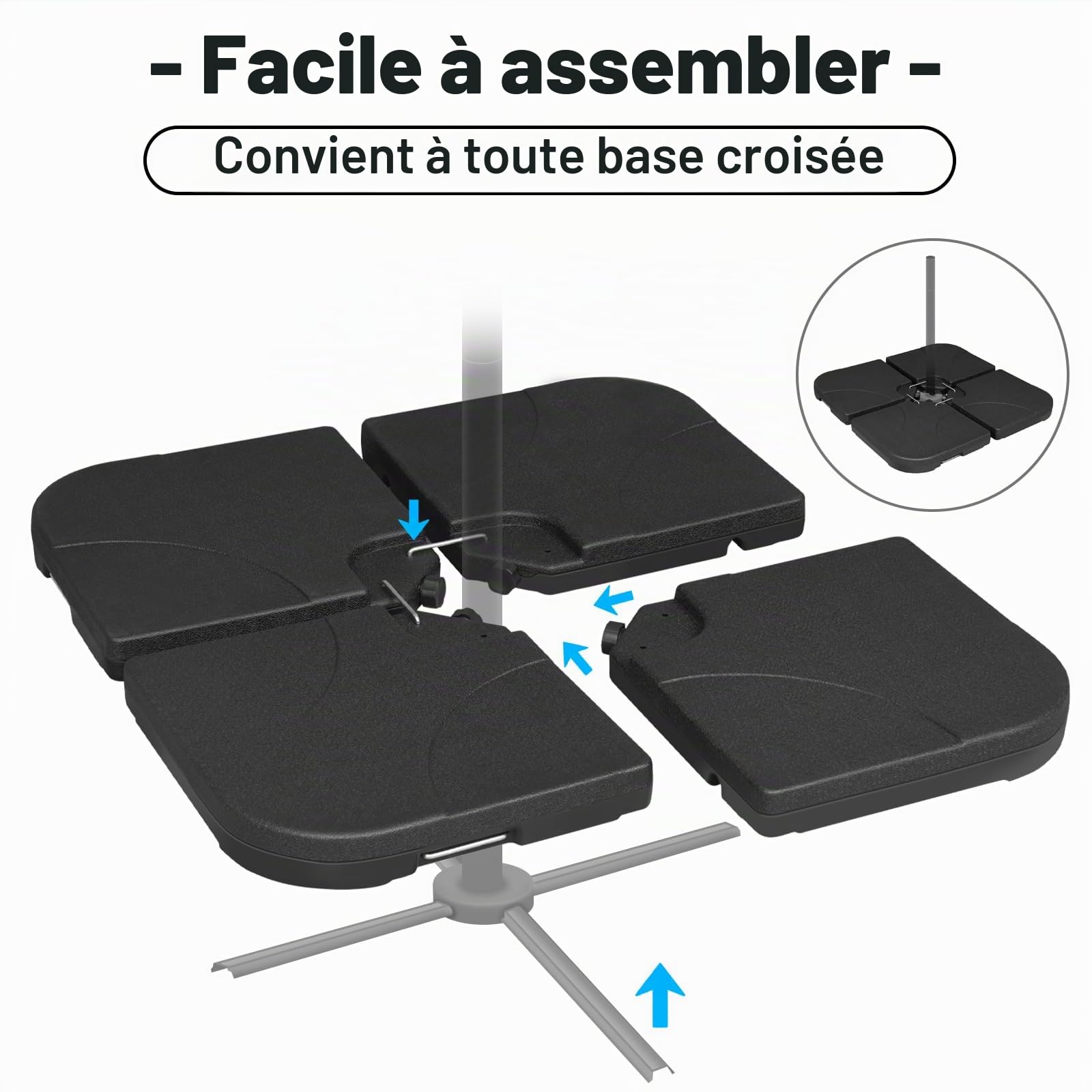 WOLTU Pied de Parasol 4 Pièces, Poids pour Parasol Croix de Sol, 60 L/80 kg, à Remplir d'eau ou de Sable, avec Connecteurs Métalliques, en Plastique, Carré, Noir