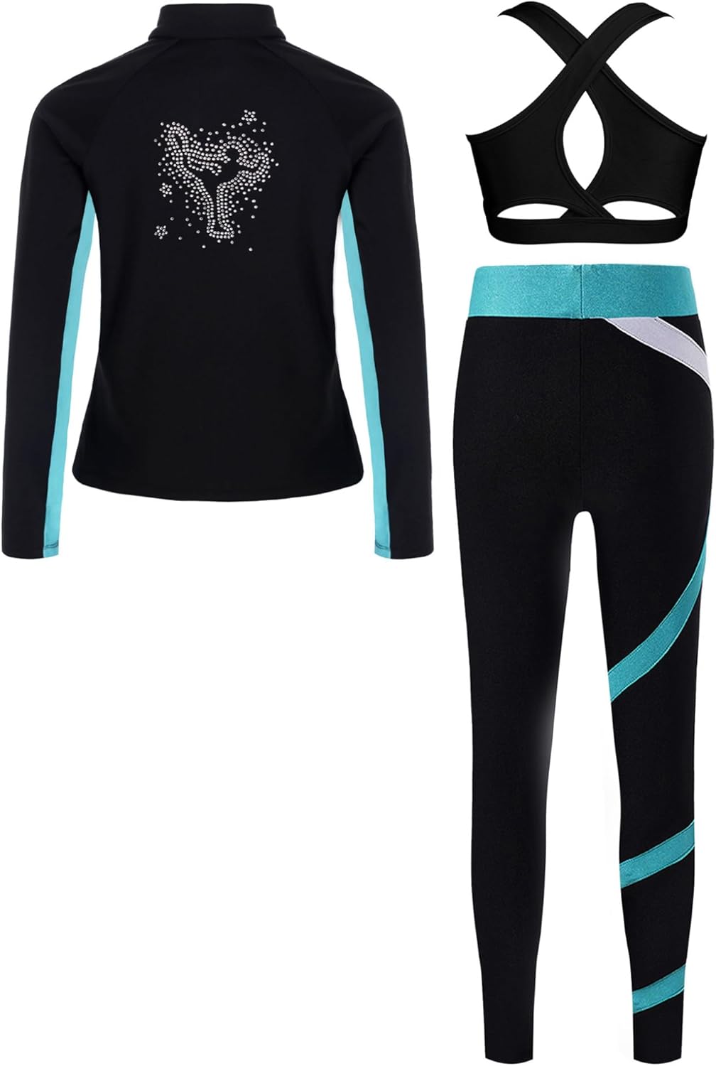 Kaerm Kids Girls Ice Figure Skating Training Suit Fleece Skating Jacket with Crop Top and Gymnastics Leggings