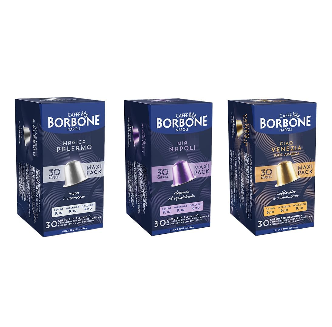 Caffè Borbone Kit de Dégustation 90 Capsules en Aluminium: 30 Mia Napoli, 30 Ciao Venezia, 30 Magica Palermo - 30 paquets de 30) - Compatibles avec les machines à café à usage domestique Nespresso*