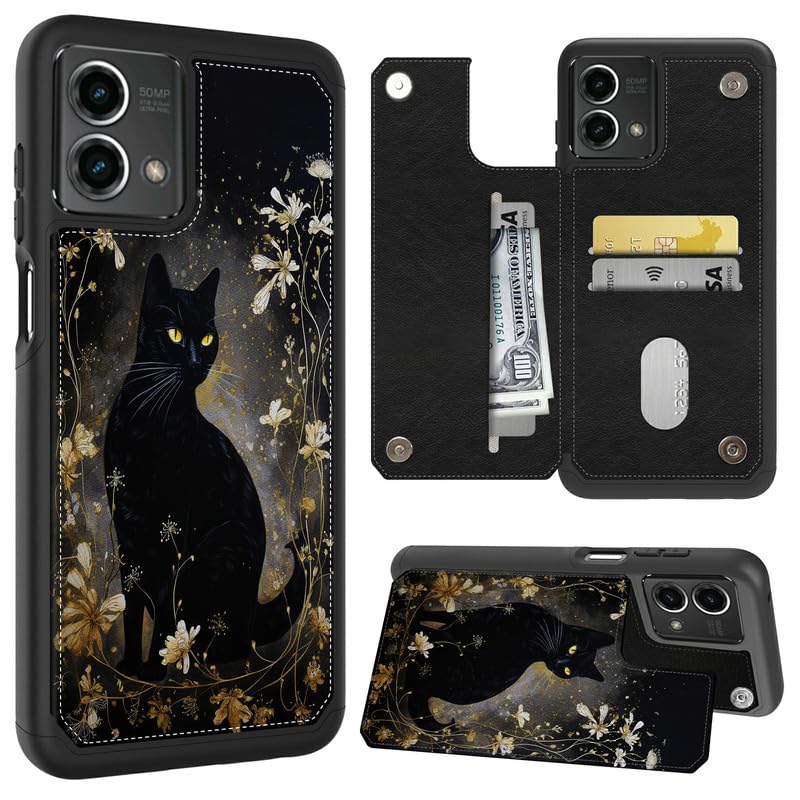 FUYOCWE Case for Motorola MOTO G Stylus 5G 2023 Phone Case Wallet with Card Holder,Black Cat with Gold Floral PU Leather kickstand Card Slot Cover for Women Men (Dual Magnetic Clasp+RFID Blocking)