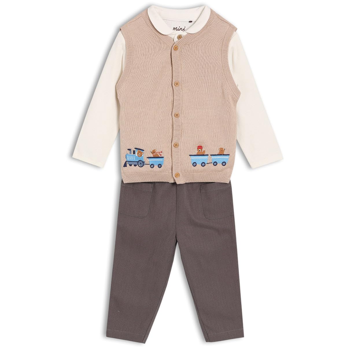 MINI CUDDLES Baby Boys 3pc Set with Kintted Waistcoat, Multicolour (12-18M)