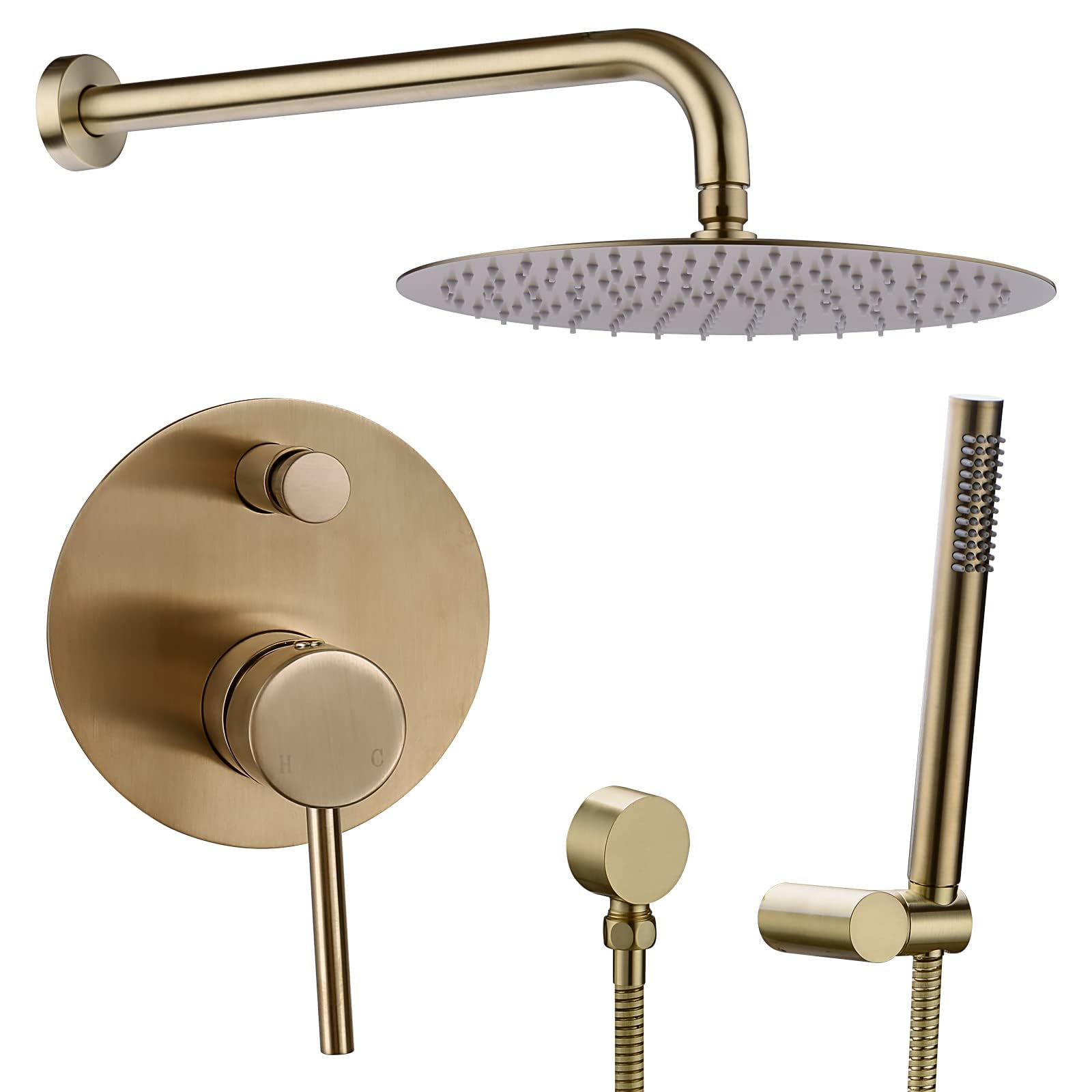 Brushed Brass Concealed Shower Set Gold Bathroom Shower Mixer System Round 12 Inch Rainfall Shower Head Kit