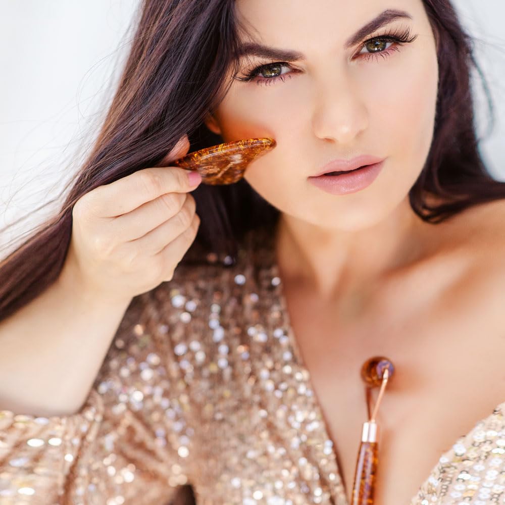CRYSTALLOVE Gesichtsroller - Anti-Aging Massageroller - Gesichtsmassagegerät mit Cognac-Motiv, Bernsteinfarben - Massagegerät - Gesichtsmassage - Roller - Massagewerkzeug