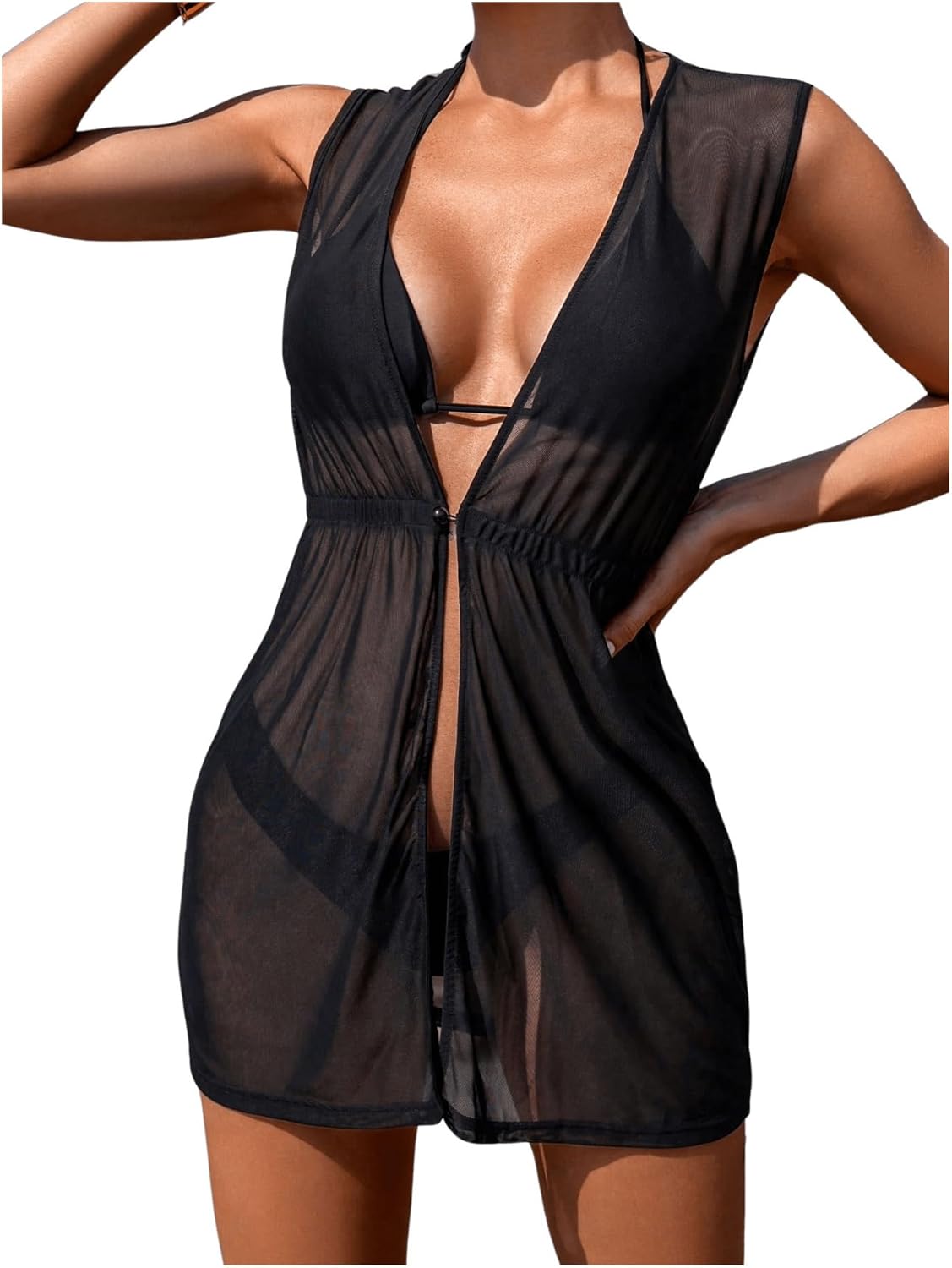 SweatyRocks Women's See Through Swimsuit Cover Up Sleeveless V Neck Sheer Bikini Beach Dress