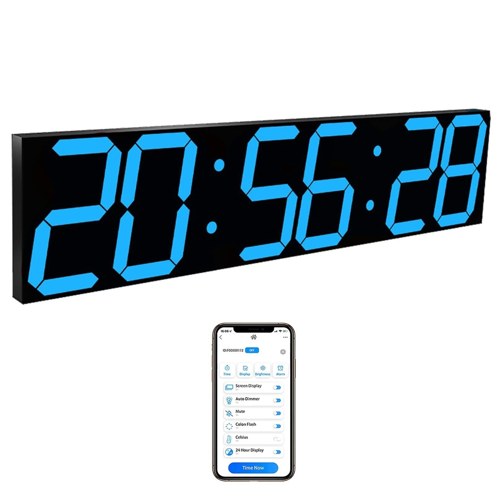 Orologio da parete digitale a LED, controllo WiFi tramite Internet, cronometro integrato, conto alla rovescia, sveglie, temperatura, memoria di spegnimento, per ufficio, casa, cucina, palestra, blu