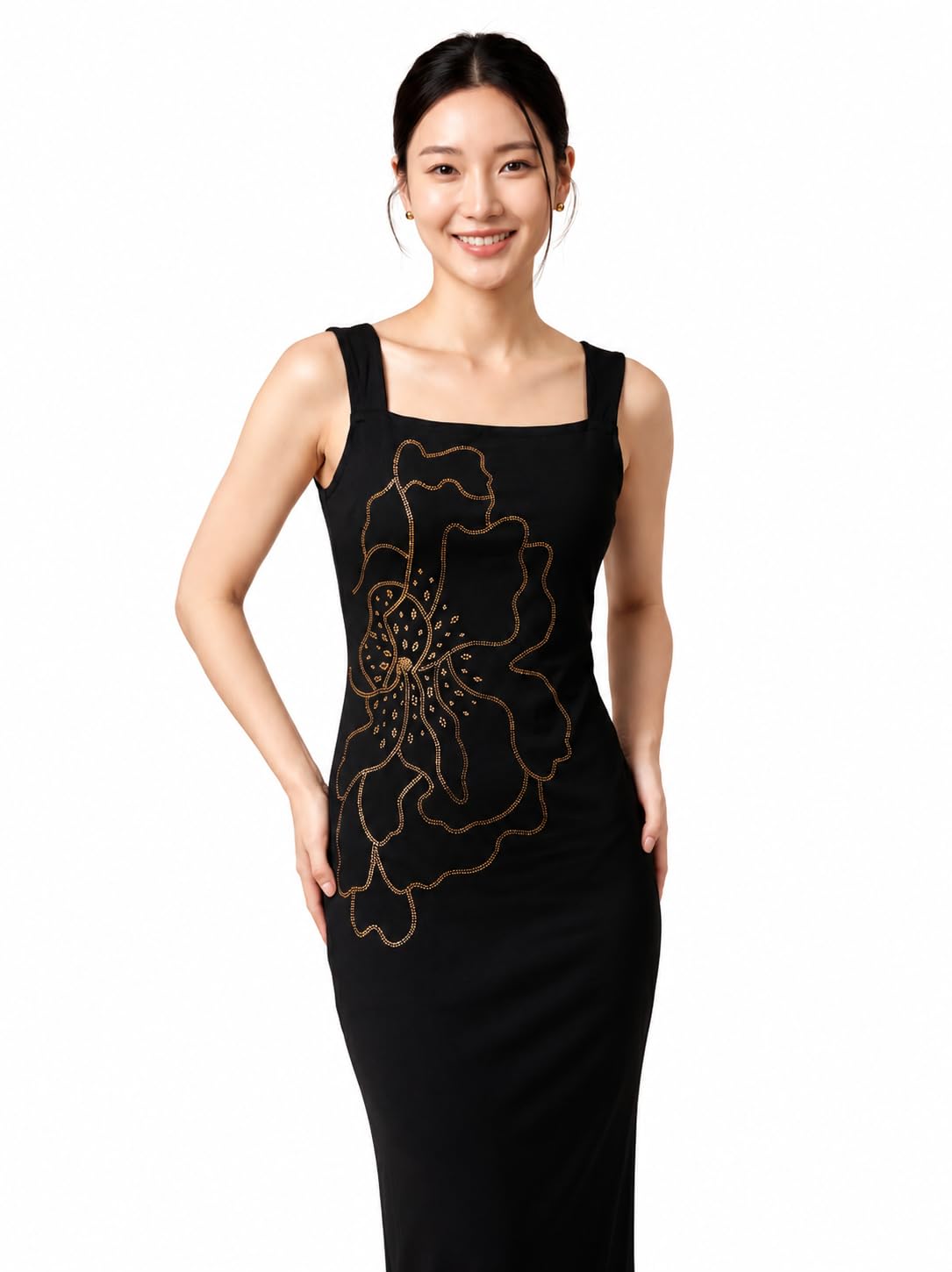 the style studio Women's Formal Black Maxi Dress with Rhinestone Leaf Accents, Sleeveless Square Neck Evening Gown-picture-49
