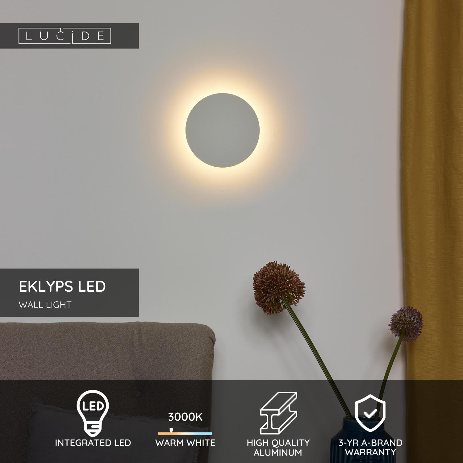 LUCIDE EKLYPS LED - Wandleuchte - Ø 15 cm - LED - 1x7W 3000K - Weiß