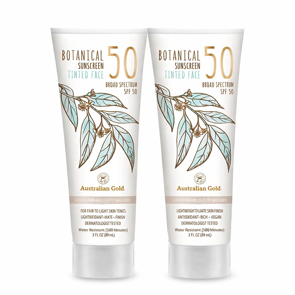 Australian-Gold Botanical Sunscreen Tinted Face Mineral Lotion SPF 50, 3 Ounce | Broad Spectrum | Water Resistant (2-pack)
