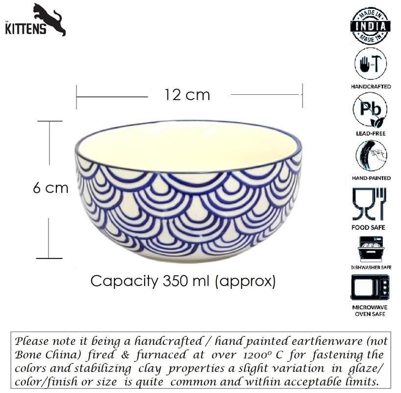 Image of KITTENS Ceramic Serving Bowls 350ml - Set of 2 - Blue Wave Handpainted Pattern | Microwave & Dishwasher Safe | Food Grade | Ideal for Soup, Pasta, Maggi, Cereal, Dessert & Daily Use