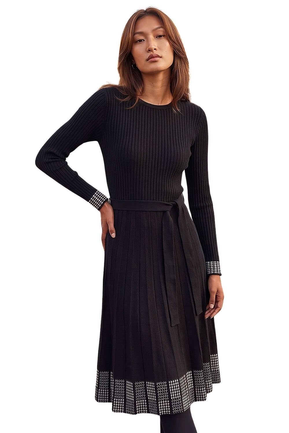 Roman Originals Ribbed Stretch Knit Border Print Dress for Women UK - Ladies Everyday Autumn Winter Round Neckline Comfy Soft Evening Vacation Work Party Night Out - Black - Size 20