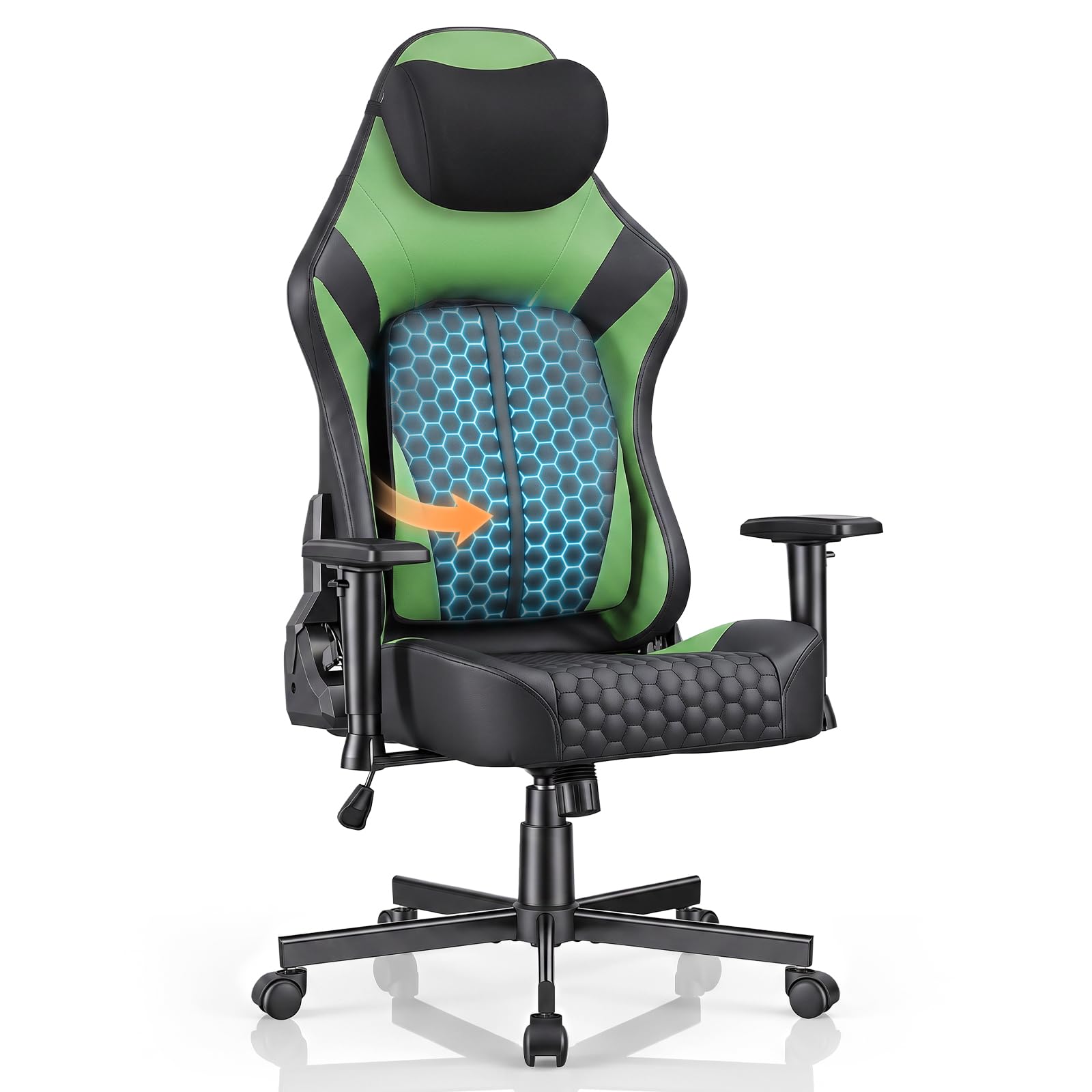 JUMMICO Ergonomic Gaming Chair, Pop-Out Dynamic Lumbar Support, 2D Adjustable Armrests, 90–135° Reclining High Back Computer Chair with Memory Foam Headrest, Max Load 150kg,Green
