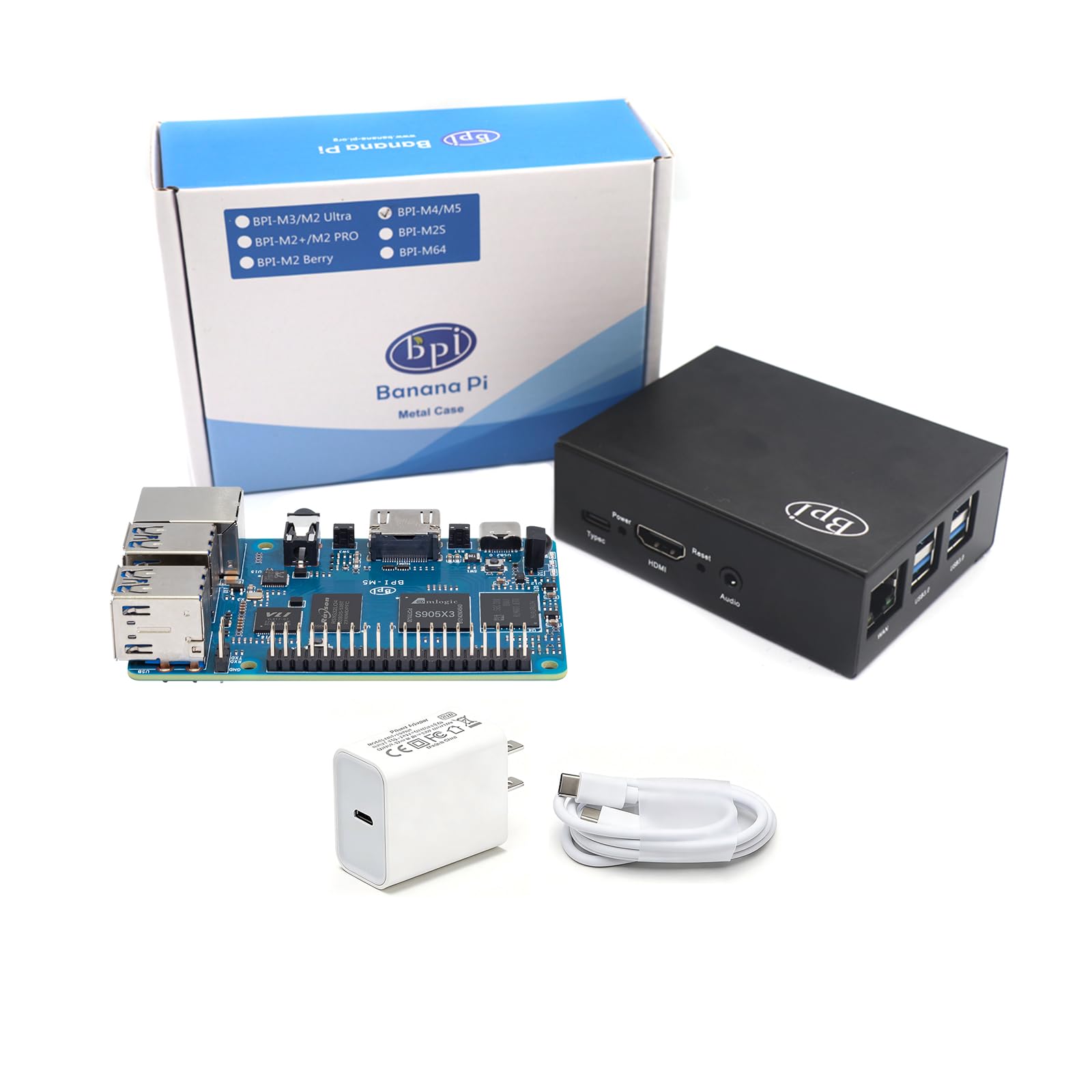 WayPonDEV Banana Pi M5 - Ordenador monoplaca con procesador Amlogic S905X3 Quad-Core Cortex-A55 de 2,0 GHz, 4 GB de RAM + 16 GB LPDDR4, compatible con sistema operativo Linux Android (con Iron Case