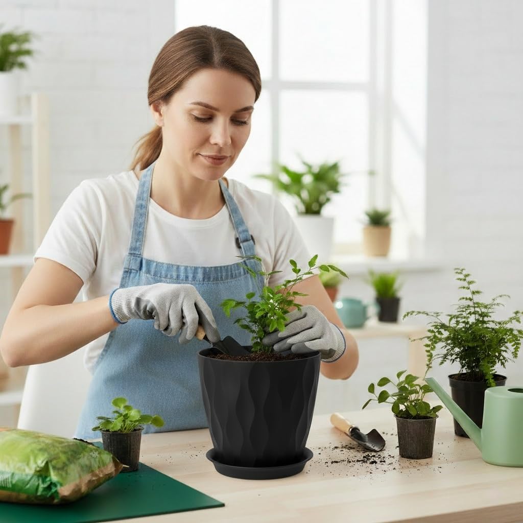 Macetas de 8 pulgadas, paquete de 6 macetas de plástico para plantas de interior y exterior, macetas con agujeros de drenaje y platillo, maceta de jardín para plantas (color negro)