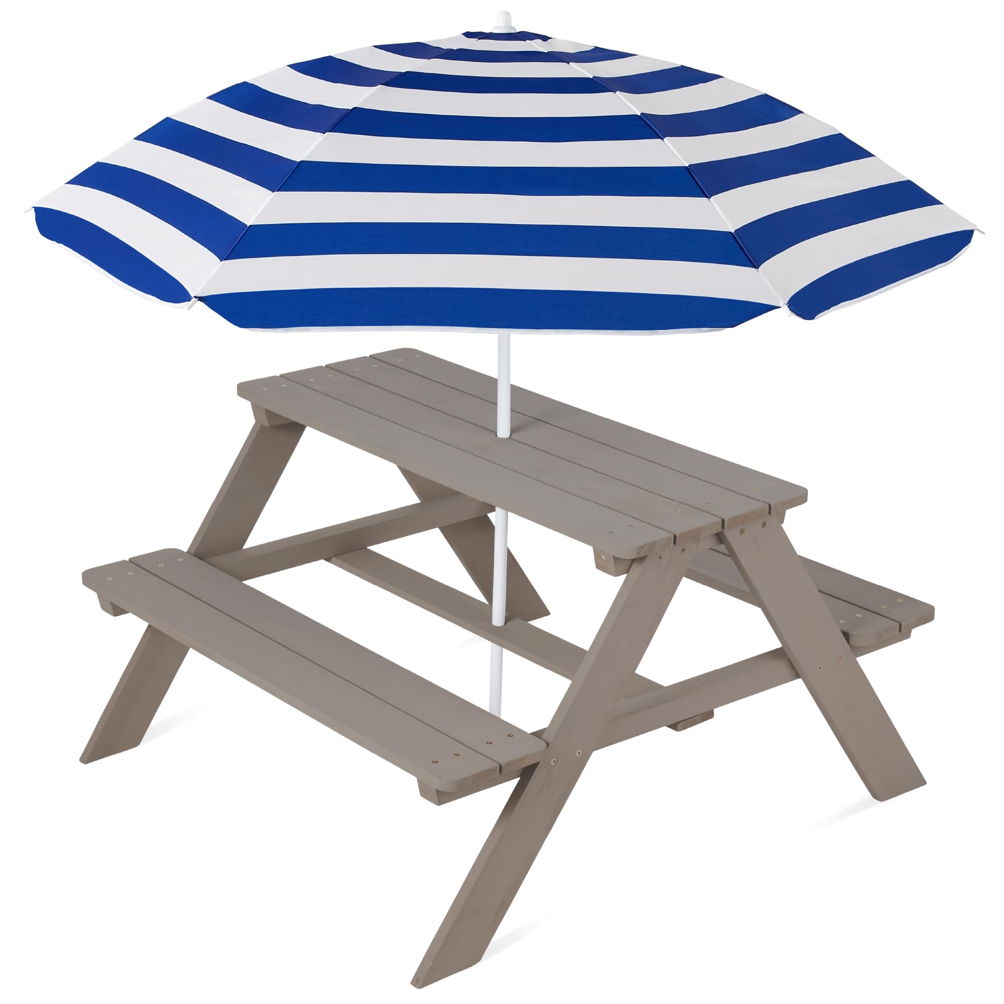 Best Choice Products Kids Wooden Picnic Table, Outdoor Activity & Dining Table w/Adjustable Collapsible Umbrella, Built-in Seats - Gray/Navy