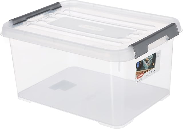 Curver Storage Box Handy Plus with lid 15L in Transparent/Silver, 39x29x20 cm
