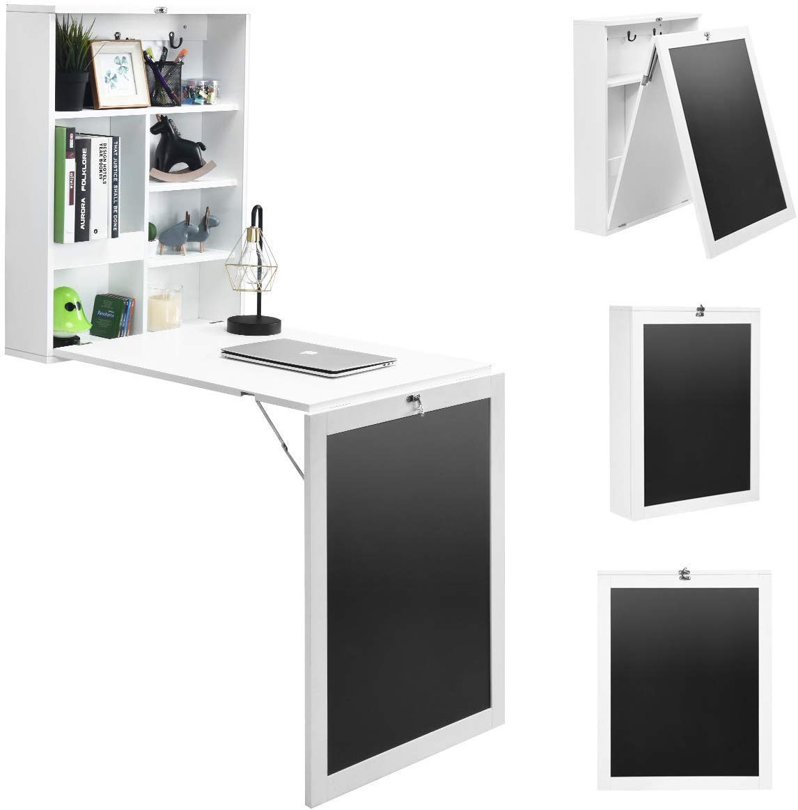 COSTWAY Mesa de Ordenador de Pared Plegable con Pizarra Estantería de Madera Escritorio para Trabajo Comedor Cocina (Blanco)