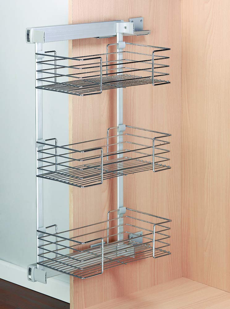 CESTOS LATERALES con guias de extracción total – para ARMARIOS, VESTIDORES, muebles de cocina – marco de aluminio, cestas en acero cromado – sistema de guías de freno (ALTO 74CM, IZQUIERDA)
