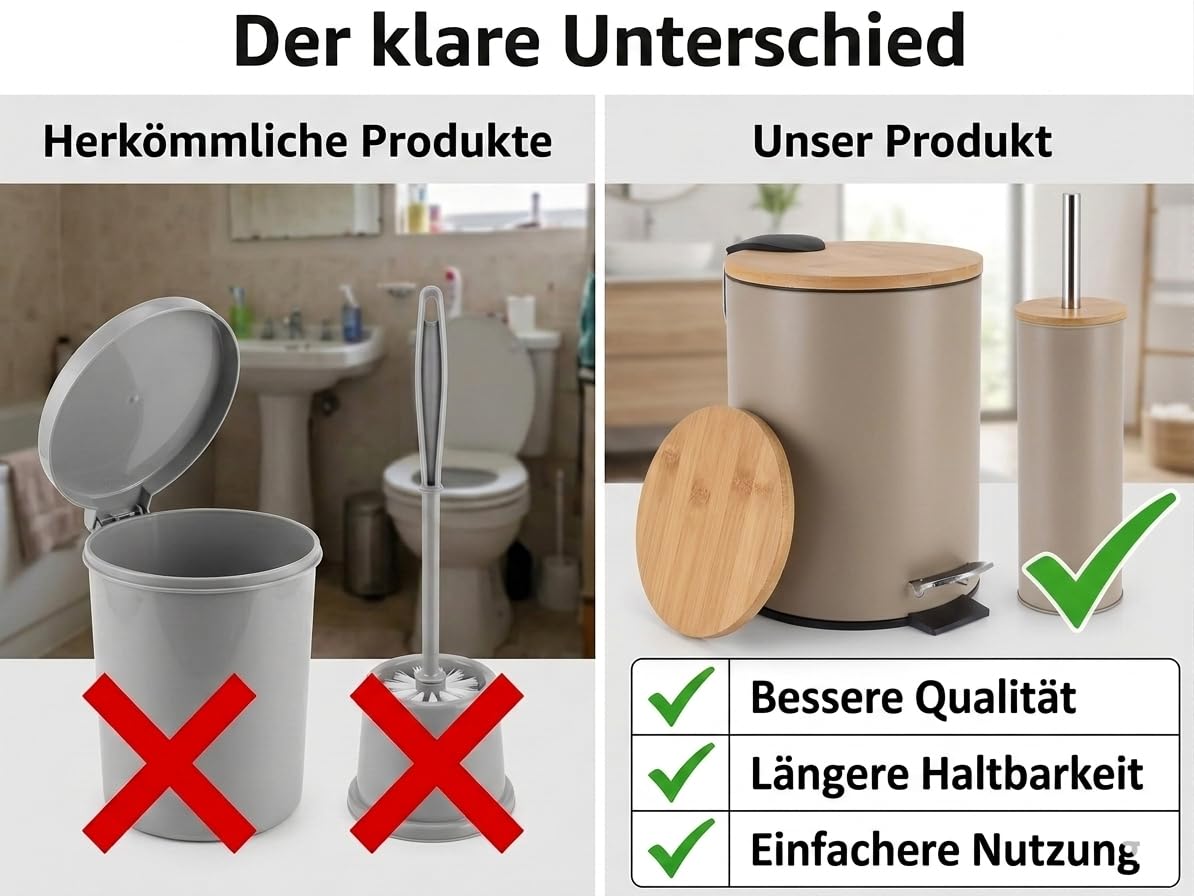 Badaccessoire-Set 2-teilig – Toilettenbürste & Kosmetikeimer mit Absenkautomatik für Bad & Gäste – Mattes Design & Bambusdeckel – Soft-Close-Technologie (Taupe)