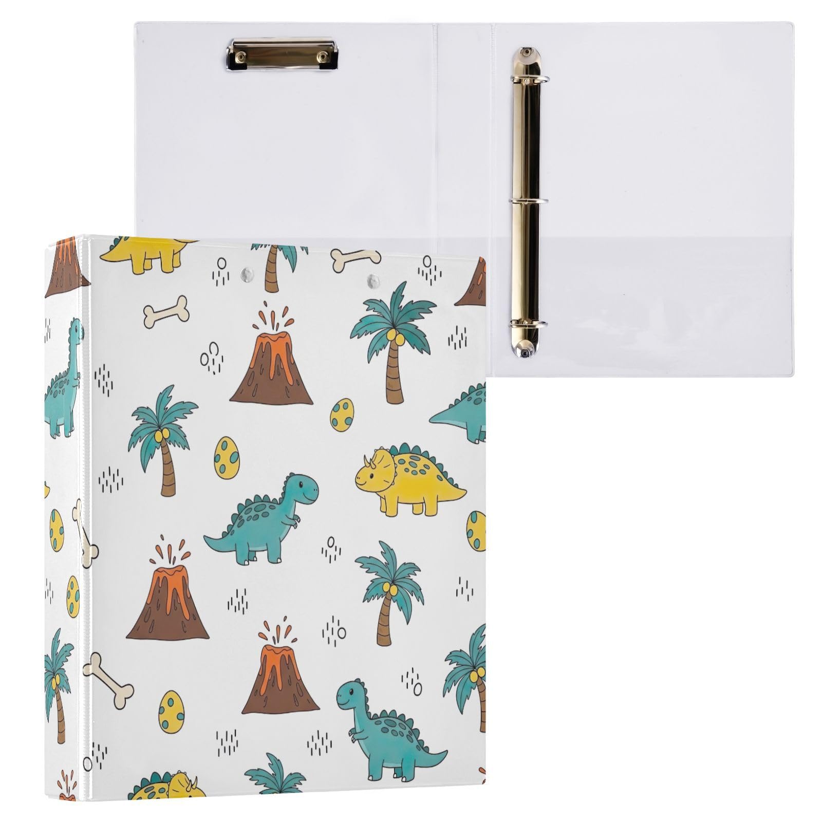 Cute Cartoon Dinosaurs White 3 Ring Binder, Flexible D Ring Binder with Pockets, 3 Ring Binders for School, College, Office (2 Pack)