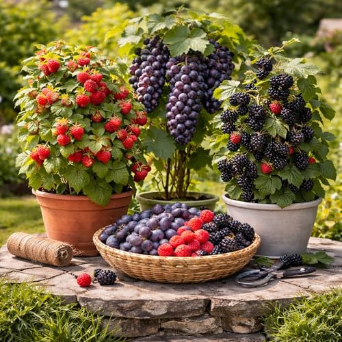 Backyard Berry Garden Starter Kit – Raspberry, Concord Grape & BlackBerry Plants – Cold Hardy Fruit Vines for Home Gardens