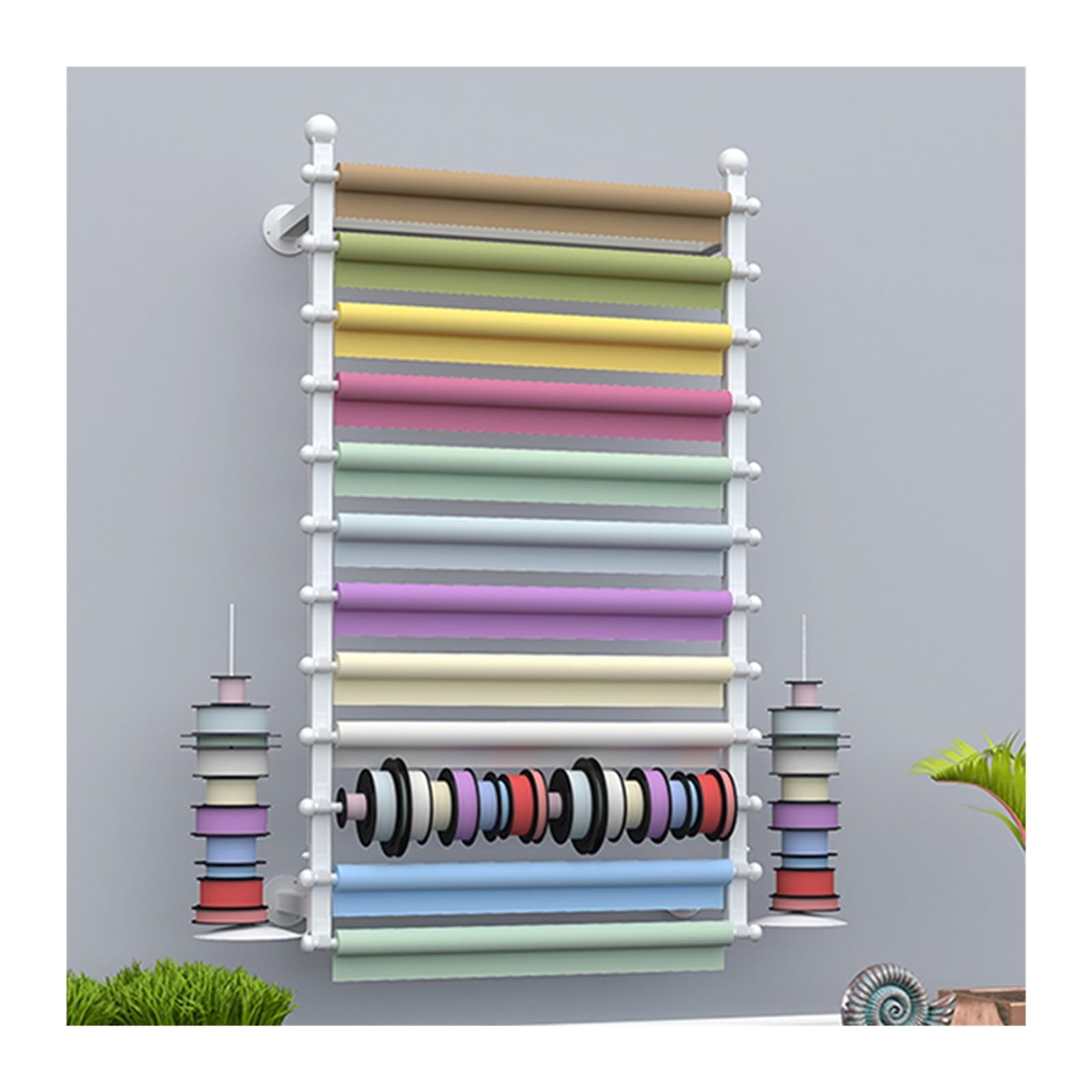 Organizer do przechowywania wstążek, ścienny organizer na papier do pakowania, metalowa wstążka do przechowywania do salonu rzemieślniczego, kwiat, biały 31,5 x 7,8 x 47 cali