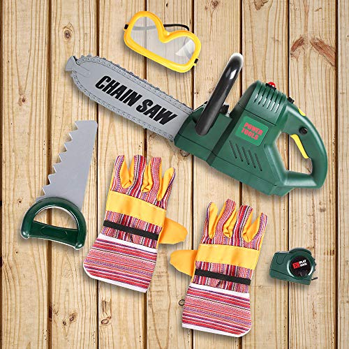 BeebeeRun 6 Pcs Kids Tool Set with Power Chainsaw, Pretend Play Tool Set with Measuring Tape and Hand Tools Accessories for 3 4 5 6 7 Years Old Boys Girls,Outdoor Lawn Tools Plastic Toy Chainsaw Set