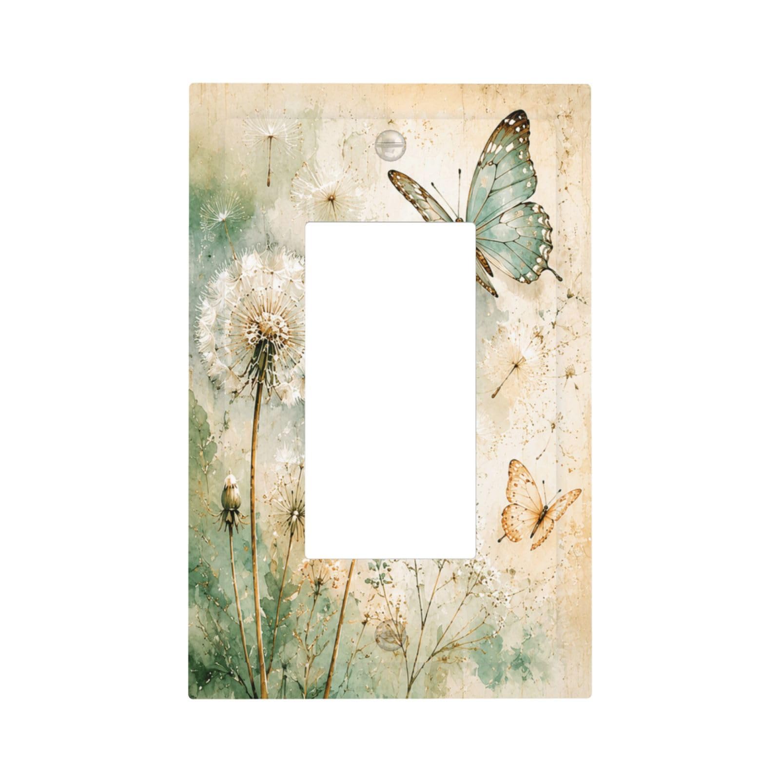 Xuejiaku Decorative Outlet Covers Watercolor Dandelion & Butterflies 1 Gang Rocker Light Switch Covers Single Gfci Wall Plate Rustic Green Floral Switchplate Plug Faceplate for Farm Home Decor