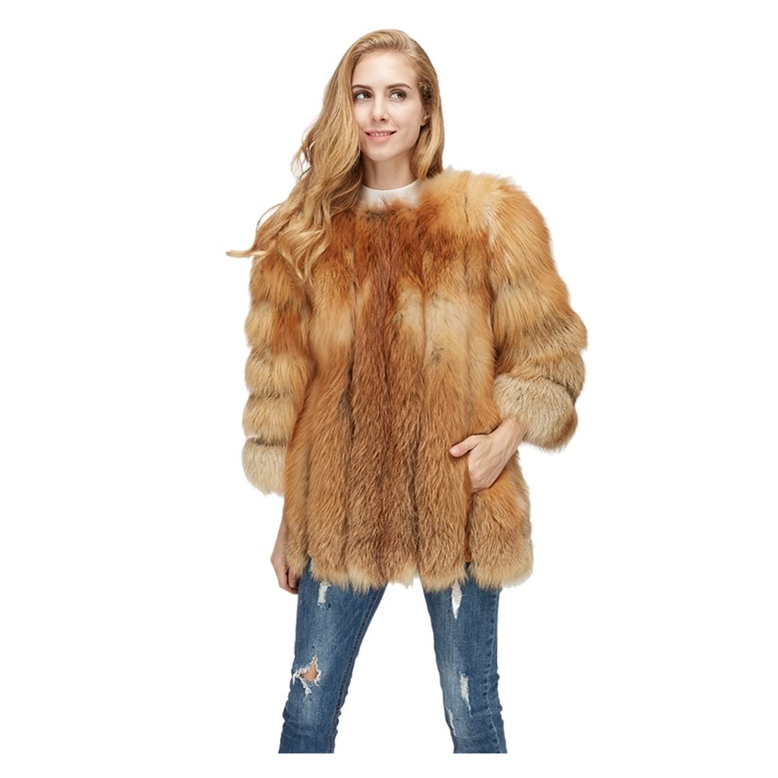 BYBAGSWinter Coats Natural Fox Coat Winter Warm Fur Coat Genuine Real Fur Ladies Mid Length Fur Jacket (Color : Khaki, Size : L)