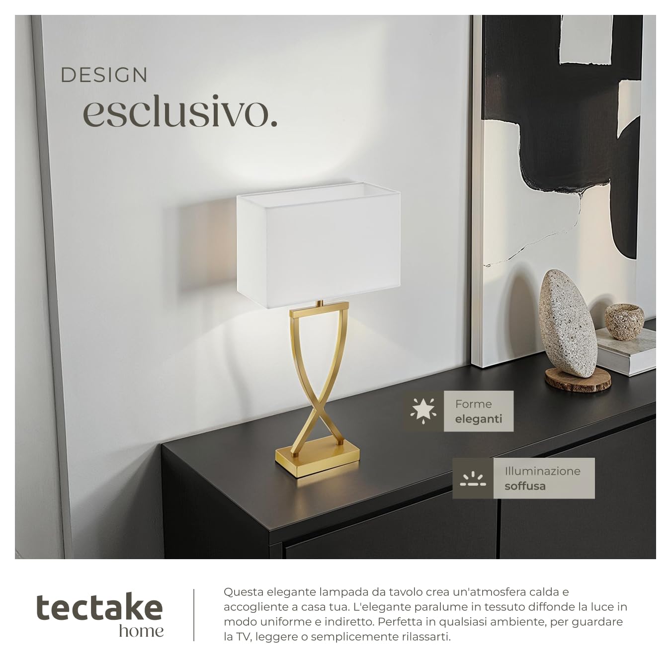 tectake® lampada da scrivania moderna, 60W, luce antiabbagliamento, paralume in tessuto, lampada da comodino struttura in ferro rivestito, base stabile, bajour comodino, design elegante - Color Ottone