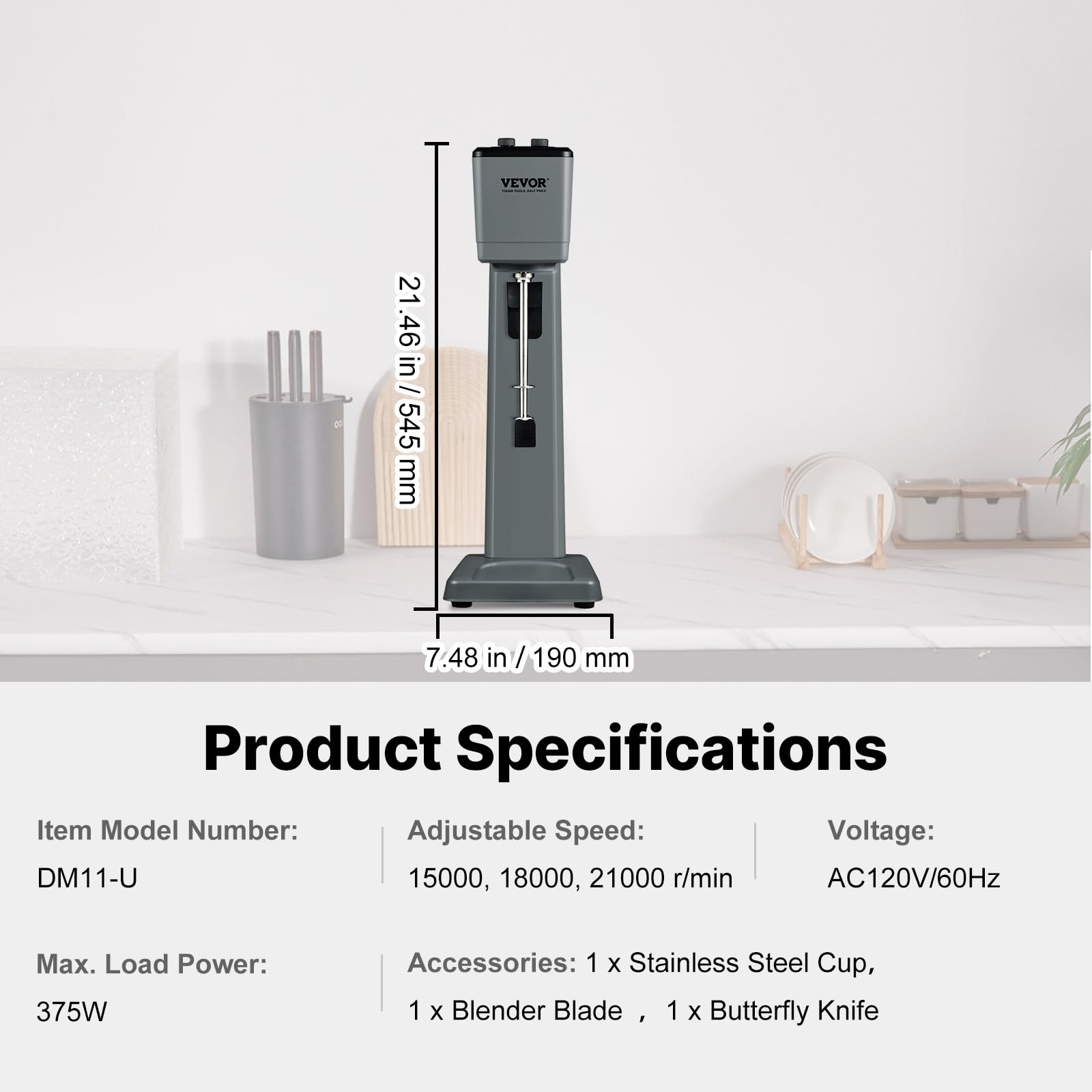 VEVOR Frullatore per Frappè Elettrica, 250W Frullino per Bevande Miscelatore Milkshake con Tazza in Acciaio Inox 304 Velocità Regolabile 15000 18000 21000 RPM Uso Commerciale e Domestico Rumore Basso